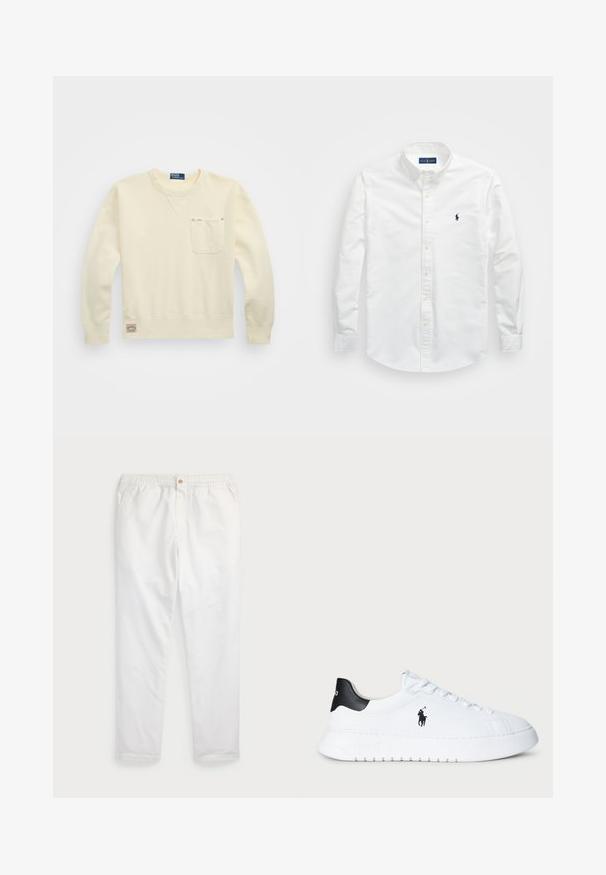 Sweatshirt din bumbac de culoare crem deschis, cu guler rotund, mâneci lungi și o buzunar pe pieptul stâng; prezintă o etichetă cu logo pe tivul inferior.; Cămașă albă cu buton, fabricată din bumbac. Prezintă o guler ascuțit, mâneci lungi și un mic logo bleumarin pe piept. Textură netedă.; Pantaloni albi din bumbac cu un tiv elastic la talie, dotat cu un singur buton aurit, design drept, textură netedă și fără modele vizibile.; Adidași joși albi cu tab de călcâi negru și logo-ul Polo Ralph Lauren pe lateral, având șireturi albe și o talpă groasă din cauciuc.