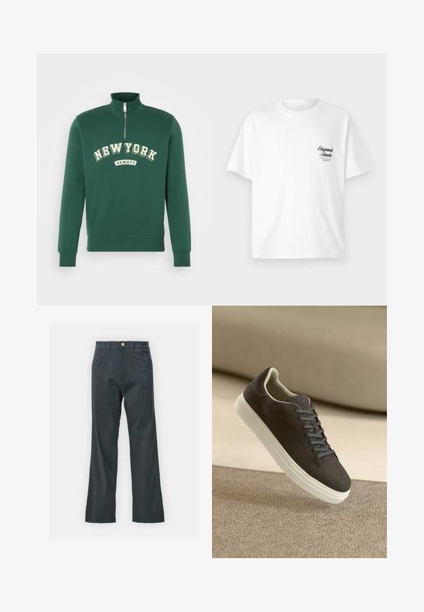 Zelená mikina se zvýšeným límcem, půlzipovými zapínáním, s nápisy "NEW YORK" a "SCHOTT" v krémové barvě. Měkká tkanina s žebrovanými manžetami.; Bílý bavlněný tričko s kulatým výstřihem, krátkými rukávy a černým potiskem loga na levé hrudi, s vintage písmem.; Černé kalhoty s rovnými nohavicemi, vyrobené z bavlněné směsi. Mají kovové zapínání a boční kapsy. Bez viditelných vzorů.; Tmavě šedé semišové tenisky s odpovídajícími tkaničkami a bílou gumovou podrážkou, umístěné nad texturovaným béžovým povrchem s měkkým pozadím.