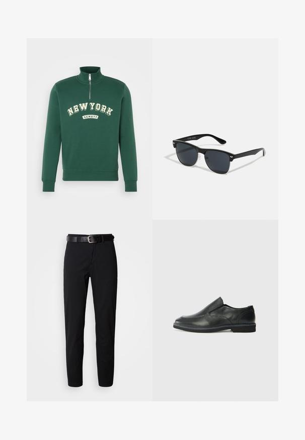 Zaļš džemperis ar augstu apkakli, pus-izsistamu aizdari, ar tekstu "NEW YORK" un "SCHOTT" krēmkrāsā. Mīksts audums ar ribotām aprocēm.; Melnas bikses ar taisnu griezumu, ar gludu tekstūru un melnu ādas jostu ar sudraba sprādzi. Vienkāršs dizains, bez rakstiem vai akcentiem.; Melnas ādas slip-on kurpes ar gludu augšdaļu, izšūtām akcentiem, noapaļotu purngala daļu un zemu gumijas papēdi. Zole ar minimālu rakstu.; Melnas saulesbrilles ar taisnstūra formu, tumšiem stenģiem, sudraba akcentiem pie tempļiem un matētu apdari uz rāmja.