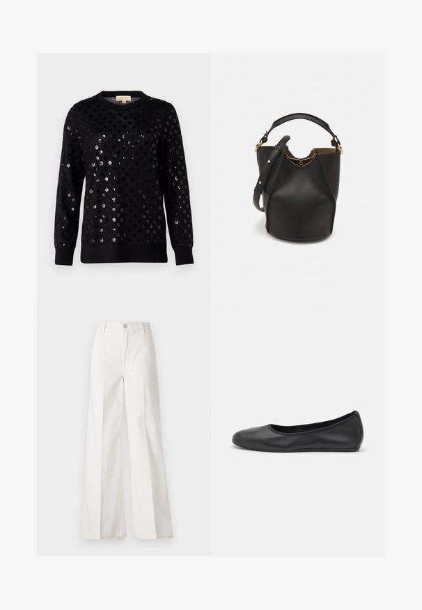 Maglione nero con superficie testurizzata arricchita da paillettes circolari lucide di diverse dimensioni, scollo a coste e maniche lunghe.; Pantaloni bianchi a gamba larga realizzati in cotone con una texture liscia. Presentano un bottone anteriore, una zip e un design a quattro tasche.; Pantofole da balletto nere in pelle con punta arrotondata, texture liscia, dettagli di cucitura minimi e design con suola flessibile.; Borsa a secchiello in pelle nera con finitura testurizzata, dettagli in metallo dorato e apertura superiore. Presenta una maniglia corta e una tracolla regolabile.