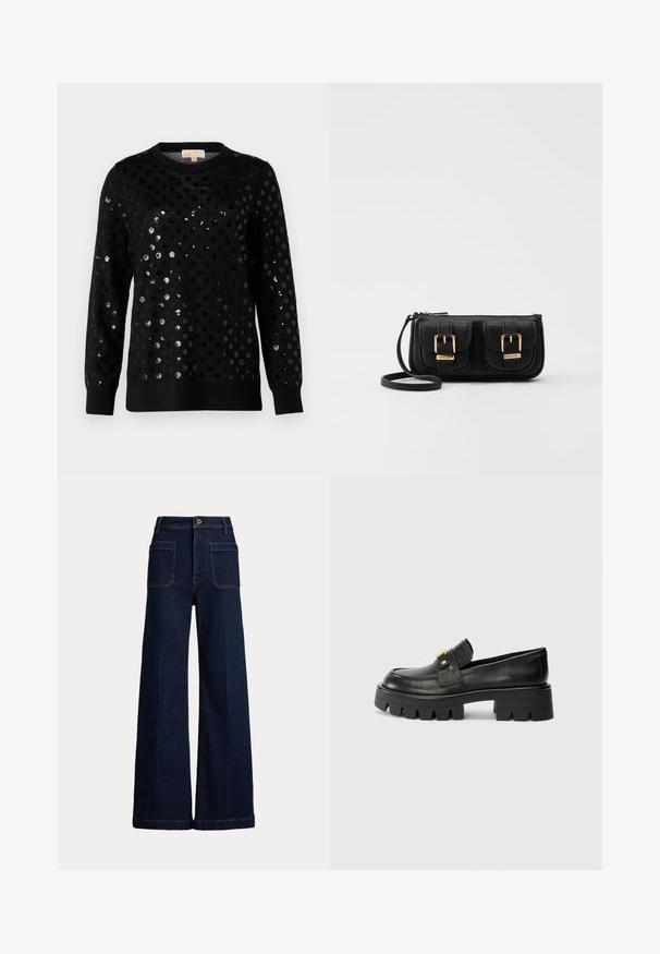 Pull noir avec une surface texturée ornée de sequins circulaires brillants de différentes tailles, col côtelé et manches longues.; Jean en denim bleu foncé à jambes larges, taille haute, conception à cinq poches et coutures contrastantes. Doté d'une fermeture à bouton et d'une forme structurée.; Mocassins en cuir noir avec une semelle épaisse, présentant un accent doré à l'avant et une finition lisse. Design à crampons épais sur la semelle.; Sac en cuir noir porté en travers avec deux poches avant, boucles dorées, fermeture zippée et une sangle fine. Surface texturée et forme rectangulaire compacte.