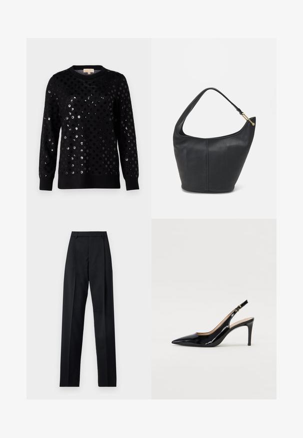 Pulover negru cu o suprafață texturată, decorat cu paiete circulare strălucitoare de dimensiuni variate, guler ribbed și mâneci lungi.; Pantaloni negri dintr-un material neted, cu talie înaltă, picioare largi, pliuri frontale și loop-uri clasice pentru curea. Fără buzunare laterale vizibile.; Pantofi slingback din piele patent neagră, cu vârful ascuțit, tocul subțire și un design discret cu decupaj. Se evidențiază printr-un cataramă aurie pe curea.; Geantă din piele neagră, cu o formă rotunjită, curea lată și un finisaj texturat. Are detalii subtile de cusătură și un accent din metal de culoare aurie.
