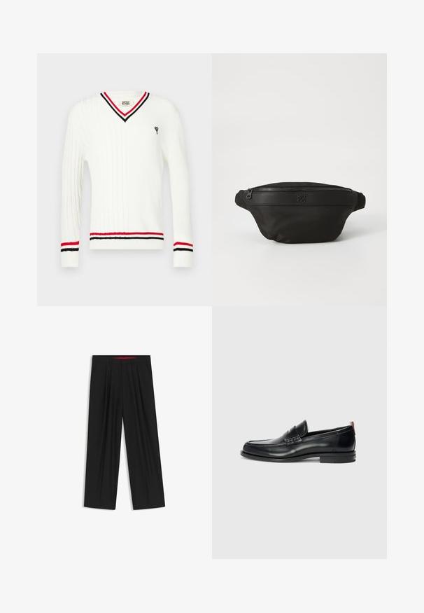 White cable-knit sweater with a V-neck, featuring black and red striped accents on the collar and cuffs, and a small embroidered graphic.; Black wide-leg trousers with a flat front, two side pockets, pleated design, and a contrasting red interior waistband.; Black leather loafers with a sleek design, rounded toe, textured accent on the vamp, and a rubber sole for grip. Rear pull tab included.; Black fabric fanny pack featuring a zippered closure and embossed logo. Rounded shape with a smooth texture and adjustable strap.
