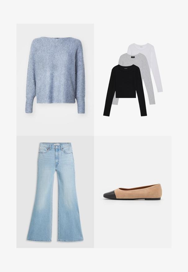 ONLY ONLDANIELLA L/S NOOS - Strickpullover - grisaille melange; Drei langärmelige Oberteile gestapelt: schwarz, grau und weiß. Jedes hat einen runden Halsausschnitt und ein kurzes Design aus glattem, leichtem Stoff.; Helle blaue Schlagjeans mit hoher Taille, aus Denim gefertigt. Sie verfügen über ein klassisches Fünf-Taschen-Design und einen rohen Saum an den Säumen.; Beige Wildleder Ballerina mit einer runden Zehenkappe aus schwarzem Leder, niedrigem Absatz und glatter Textur, mit minimaler Nahtverarbeitung und klarem Design.