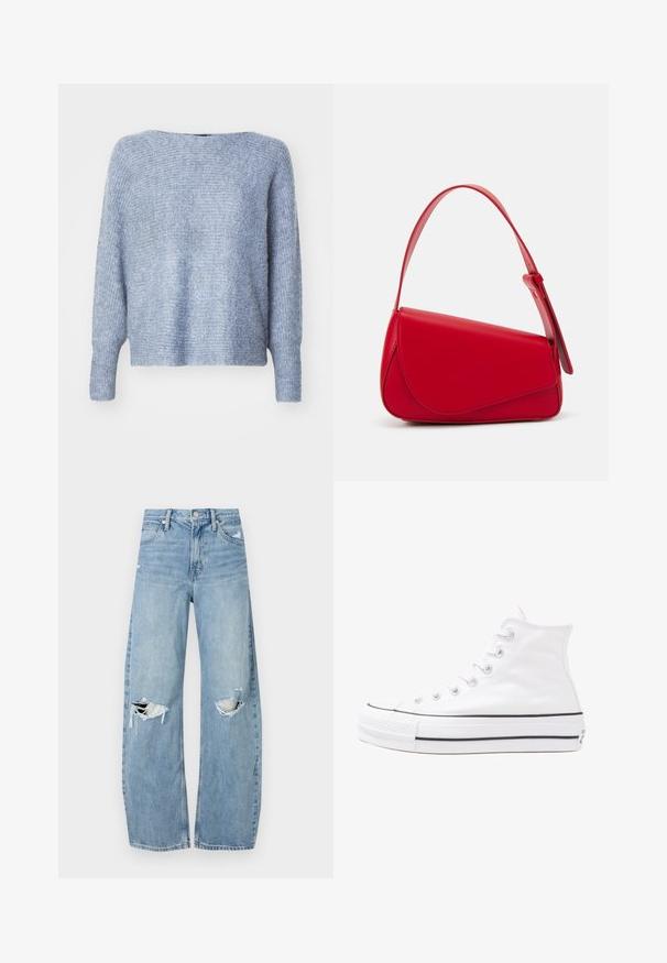 ONLY ONLDANIELLA L/S NOOS - Strikkegenser - grisaille melange; Lyseblå høytlivsjeans laget av denim. Har vide bein, to revne knær og klassisk fem-lommers design.; Hvit høy-skinn kanvas sneakers med svart gummisåle, gummitåhette foran og seks hull for snorer, med et rent, minimalistisk design.; Rød lærveske med en vinklet, geometrisk design. Har en enkelt justerbar stropp og en klaffelukking med sydd detaljer.