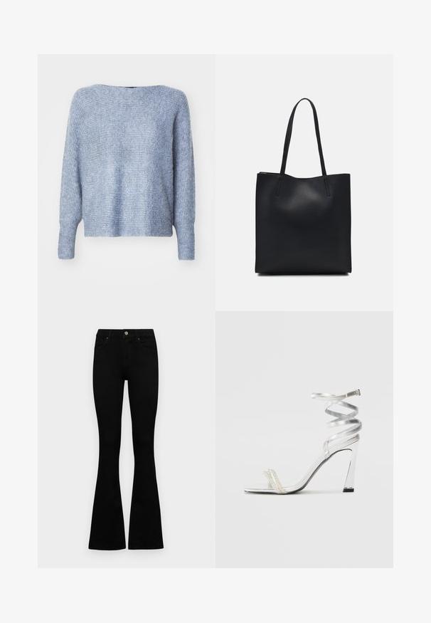ONLY ONLDANIELLA L/S NOOS - Pulóver - grisaille melange; Fekete, magas derekú farmernadrág gomb- és cipzárzárral, elülső zsebekkel és harangszárral, laposan egy fehér háttérre terítve.; Ezüst színű, magas sarkú szandál, csillogó pánt dizájnnal, gyöngyszerű díszítéssel és spirális bokapánttal a biztos illeszkedés érdekében.; Fekete bőrtáska sima felszínnel, téglalap alakú, két hosszú füllel. Nincs látható fémkiegészítő vagy díszítés.