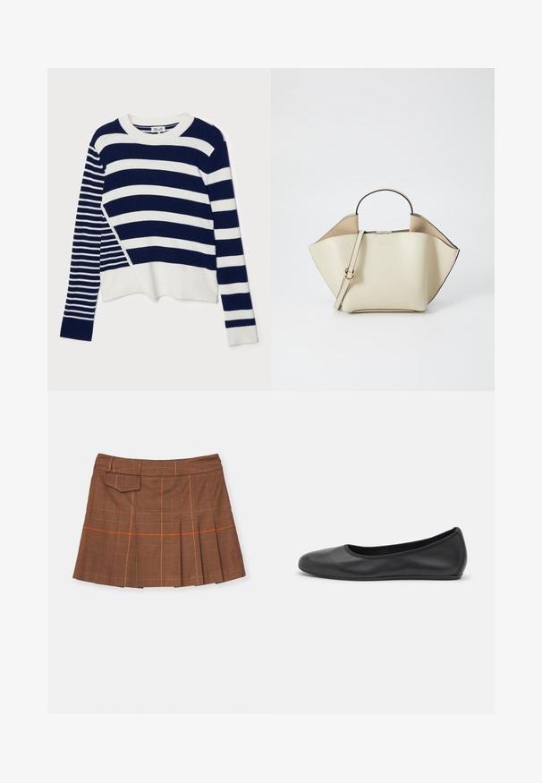 Baum und Pferdgarten CENTA - Pulover - navy/creme; Rjava karo suknja z naborki, oranžnimi poudarki in stransko žepom. Narejena iz teksturiranega materiala z prilegajočim pasom.; Črne usnjene balerinke z zaobljenim nosom, gladko teksturo, minimalnimi šivi in fleksibilno zasnovo podplata.; Ree Projects ANN - Torbica - beige