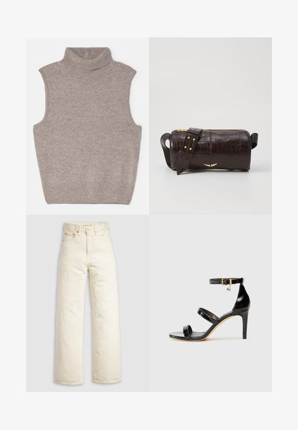 Filippa K TURTLE NECK VEST - Jumper - beige melange; Black leather shirt with a button-up front, pointed collar, and two chest pockets. Features a loose fit and smooth texture.; Wide-leg jeans in off-white denim, featuring a high waist, copper rivets, and classic five-pocket design. Textured fabric with clean hems.; Black patent leather sandal with three straps, ankle buckle, and 4-inch stiletto heel. Features gold hardware detail and logo charm.; Brown crocodile-embossed leather bag with a cylindrical shape, gold-tone hardware, and a detachable strap featuring studs.