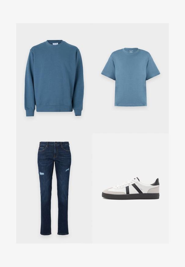 Blauwe katoenen sweatshirt met een ronde halslijn, ribgebreide mouwen en een rechte zoom. Heeft een zachte textuur en een relaxed fit.; Blauw T-shirt met korte mouwen, gemaakt van katoen, met een ronde hals en een ontspannen pasvorm. Gladde textuur, minimalistisch ontwerp, geen patronen of accenten.; Donkerblauwe spijkerbroek met een rechte snit, voorzien van versleten scheuren bij de knieën, traditionele zakken en zichtbare contrasterende stiksels.; Witte sneaker met zwarte en grijze accenten, voorzien van een grijze neus met textuur, zwarte rubberen zool en platte witte veters. Schoon ontwerp, minimalistische stijl.
