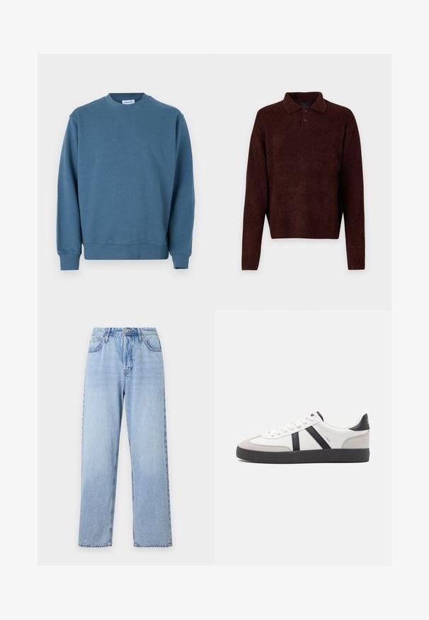Modrý bavlněný svetr s kulatým výstřihem, žebrovanými manžetami a rovně střiženým lemem. Vyznačuje se hladkou texturou a volným střihem.; Hnědý pletený pullover s polo límcem, třemi knoflíky na krku a dlouhými rukávy. Měkká textura, žebrované manžety a lem.; Světle modré džíny z denimu se rovný fit, vysokým pasem, pěti kapsami a uzávěrem na horní knoflík. Mají vybledlý vzhled a kontrastní prošívání.; Bílé tenisky s černými a šedými akcenty, opatřené texturovaným šedým prstovým krytem, černou gumovou podrážkou a plochými bílými tkaničkami. Čistý design, minimalistický styl.