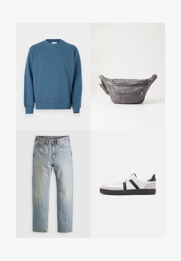 Blauwe katoenen sweatshirt met een ronde halslijn, ribgebreide mouwen en een rechte zoom. Heeft een zachte textuur en een relaxed fit.; Lichtblauwe denim jeans met hoge taille, frontknop, rits en vijfzakkenontwerp, plat gelegd op een neutrale achtergrond.; Witte sneaker met zwarte en grijze accenten, voorzien van een grijze neus met textuur, zwarte rubberen zool en platte witte veters. Schoon ontwerp, minimalistische stijl.; Grijze suède heuptas met een ronde vorm, twee met rits afgesloten compartimenten en een verstelbare band. Voorzien van metalen accenten.