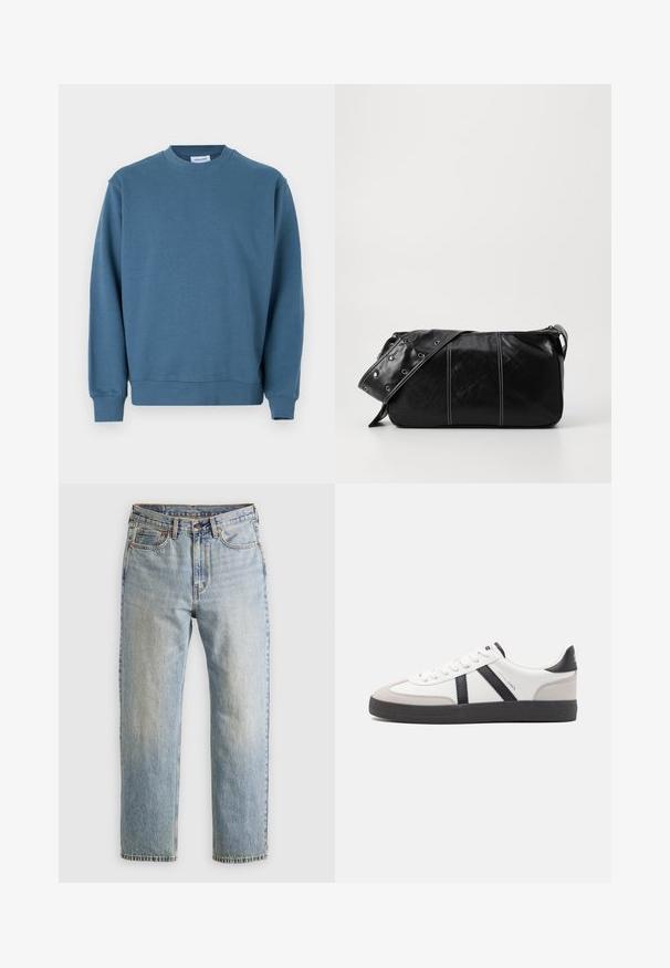 Sweatshirt en coton bleu avec un col rond, des poignets côtelés et un ourlet droit. Présente une texture lisse et une coupe décontractée.; Jean en denim bleu clair à taille haute, avec bouton avant, fermeture éclair et design à cinq poches, posé à plat sur un fond neutre.; Baskets blanches avec des accents noirs et gris, présentant un embout texturé gris, une semelle en caoutchouc noir et des lacets plats blancs. Design épuré, style minimaliste.; Sac à épaule en cuir noir avec une fermeture éclair, doté d'un corps texturé, de coutures blanches et d'une sangle avec des œillets en argent.