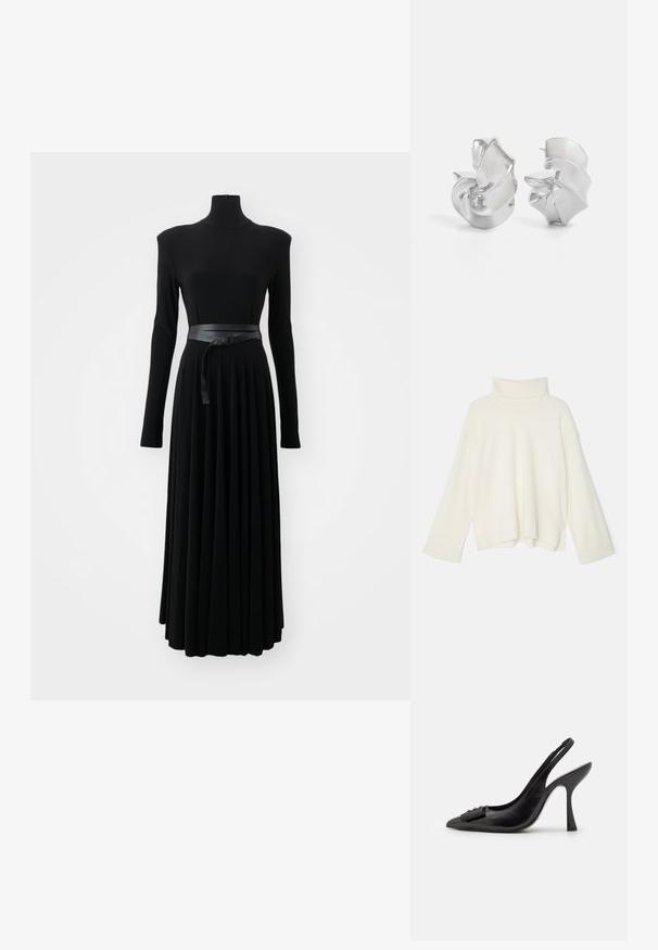 Lysecreme turtleneck sweater, oversized pasform, ribbet struktur, sænkede skuldre og brede ærmer, lavet af et blødt strikket stof.; Norma Kamali SHOULDER PAD TURTLE FLARED DRESS TO MIDCALF - Jerseykjole - black; Sorte lædersandal med spids tå, slank høj hæl og dekorativ sløjfeaccent. Glat tekstur og strømlinet design.; Sølv metal skuldertaske med en glat overflade, buet design, kædestrop og en poleret frontpanel med en subtil logoindgravering.; Sølvøreringe med et strømende, spiralmønster. Glat tekstur med en poleret overflade. Har en subtil glans og ingen synlige udsmykninger.
