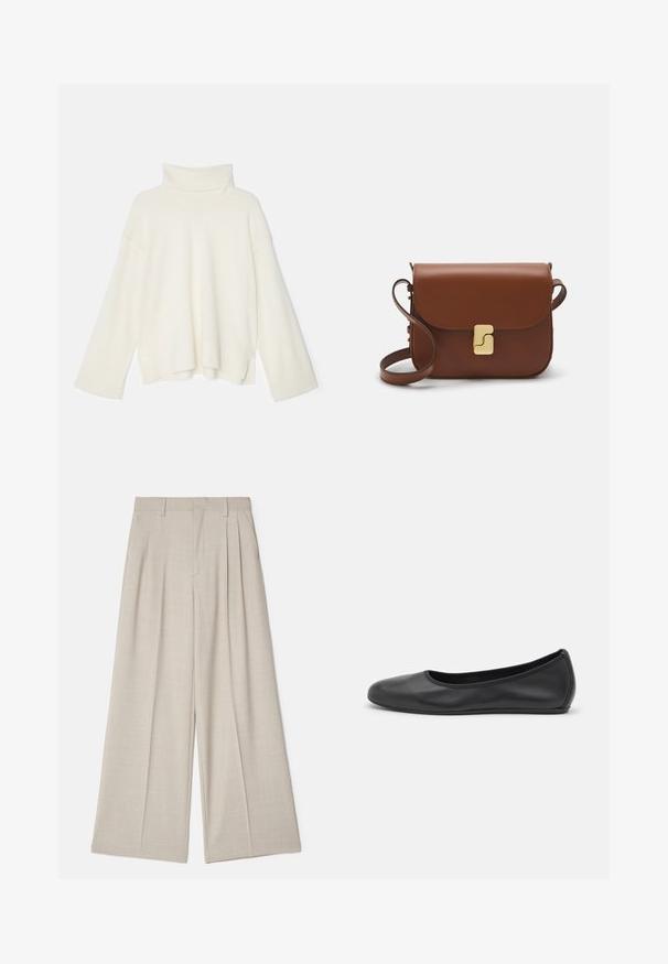 Pull à col roulé crème clair, coupe oversized, texture côtelée, épaules tombantes et manches larges, fabriqué en tricot doux.; Pantalons larges beiges avec une texture lisse, dotés de plis à l'avant, d'une taille plate et d'un design ajusté pour une coupe décontractée.; Ballerines en cuir noir avec un bout rond, texture lisse, détails de couture minimalistes et design de semelle flexible.; Sac à main en cuir marron avec une fermeture à rabat, des accents en métal doré, une bandoulière et une texture lisse. Forme rectangulaire compacte.