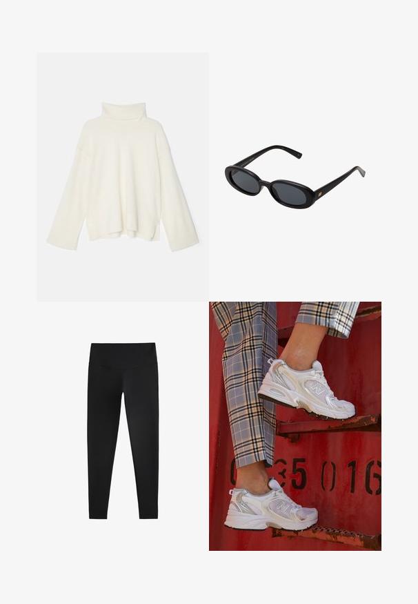 Light cream turtleneck sweater, oversized fit, ribbed texture, dropped shoulders, and wide sleeves, made from a soft knit fabric.; Black leggings made from stretchy fabric, featuring a high waistband and a smooth texture, designed for comfort and flexibility.; White mesh sneakers with silver accents and a textured sole, positioned on a red surface, paired with plaid trousers.; Black oversized sunglasses with oval lenses, smooth plastic frame, and gold accents on temple. Dark lenses provide sun protection.
