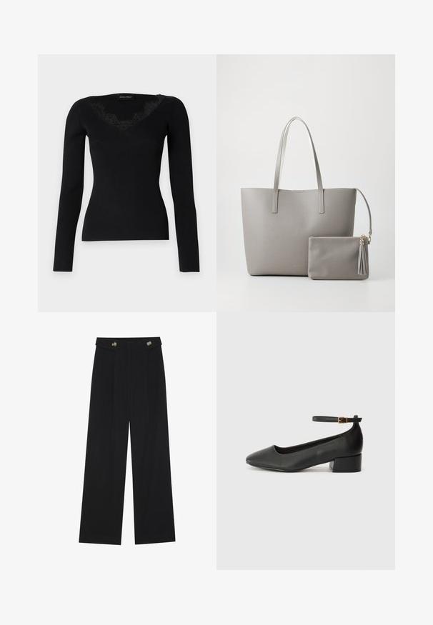 Mustmust pikkade varrukatega ribatud topp, millel on V-kujuline kaelus pitsaktsentidega. Kanga tekstuur tundub siledana ja liibuvalt, sobides kihilise välimuse jaoks.; Mustad laiad püksid kõrge vöökoha ja nööpdetailidega vööandil, esikortsudega.; Must mustaapp, millel on terav nina ja madal blokk-kand. Omab pahkluu rihma koos kuldse tooni pandlaga. Sile tekstuur.; Hallhalli sünteetiline kott, millel on kaks pikka sangaga käepidet ja sobiv väike lukuga kott, millel on tut. Sile tekstuur koos peense mustriga.