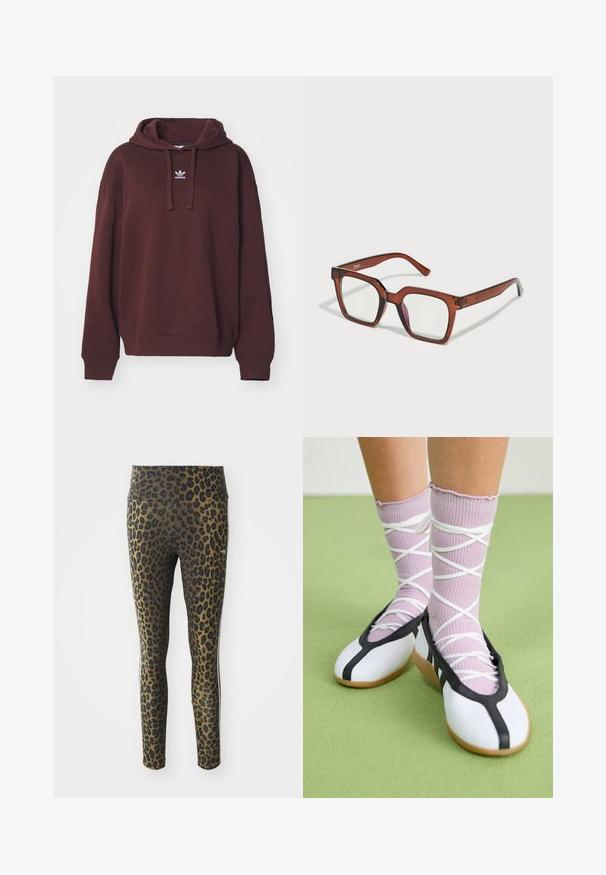 adidas Originals HOODIE - Camisola - shadow brown; Leggings com padrão de onça, apresentando uma cintura alta, tecido elástico e detalhes pretos sobre uma base castanho claro, projetados para conforto e ajuste.; Sapatos brancos planos com detalhes e solado pretos, combinados com meias caneladas roxas claras com tiras brancas em cruz. Colocados sobre um fundo verde.; Óculos retangulares oversized castanhos com lentes transparentes e uma ligeira tonalidade rosa na lente direita. Armação em plástico com textura suave.