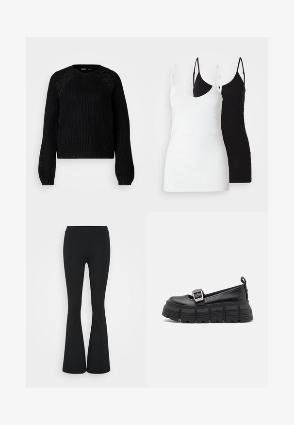 ONLY Tall ONLMAGA - Strickpullover - black; Zwei Damen-Tanktops: eines in Weiß und eines in Schwarz, aus weichem Stoff, mit dünnen Trägern und einem tiefen V-Ausschnitt.; Schwarze, ausgestellte Hosen aus dehnbarem Material mit hohem Bund und glatter Textur. Die Hose weitet sich ab dem Knie.; Schwarze Plateauschuhe mit runder Spitze, Obermaterial aus glattem Leder, verstellbarem Schnallenverschluss und strukturiertem Gummisohle mit horizontalen Rillen.