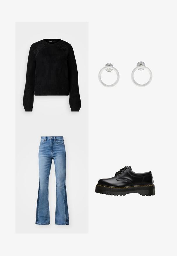 ONLY Tall ONLMAGA - Maglione - black; Gap Tall 70S - Jeans a zampa - medium indigo; Scarpa nera in pelle con lacci, dotata di una soletta in gomma nera spessa e seghettata e cuciture gialle lungo il bordo, con una finitura liscia.; Orecchini a cerchio in metallo argento con finitura spazzolata, caratterizzati da un design circolare e un gancio trasparente sul retro per una vestibilità sicura.