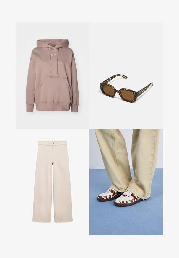 Pulover s kapuco v svetlo bež barvi, izdelan iz mehkega blaga; ima sprednji žep in bel logotip na prsih.; Bež jeans hlače širokega kroja z visokim pasom, z zapiranjem na gumb, sprednjimi žepi in raztrganim robom. Narejene iz denima.; Bele in rjave športne copate z mrežasto in usnjeno površino, ki imajo rjave gumijaste podplate. Ujemajo se z svetlobejžnimi širokimi hlačami.; Sončna očala iz kornjačine s poudarjenim, okroglim okvirjem in rjavimi lečami. Imajo subtilne vzorce in ravne, zožene ročke.; Rjava semiš torba z dvema dolgima ročajema, z vrvico za zapiranje in minimalističnim dizajnom. Gladka tekstura in brez vidnih kovinskih dodatkov.