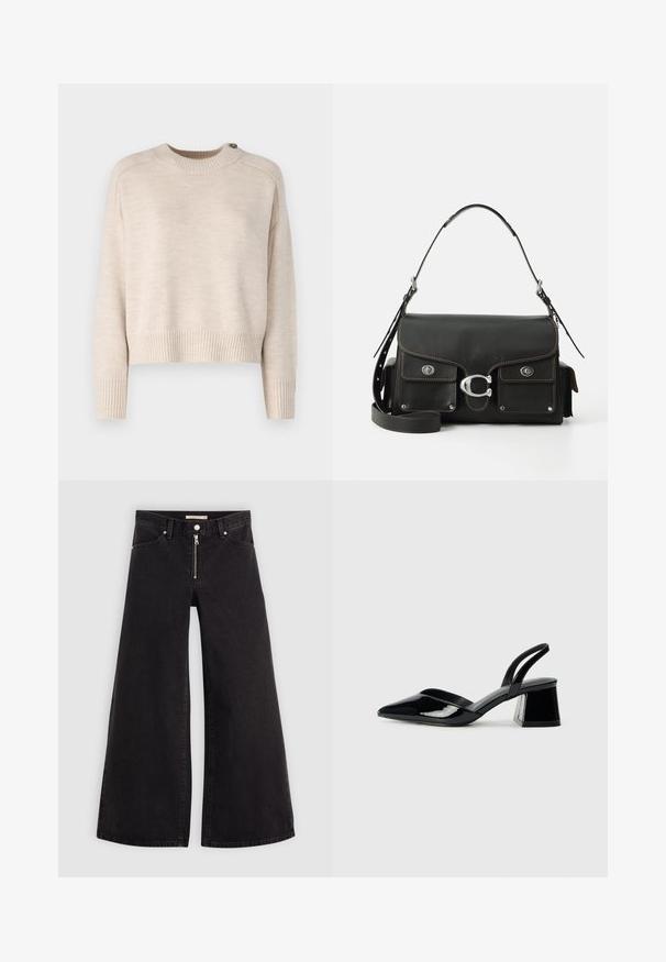 Hellbeige gestrickter Pullover mit Rundhalsausschnitt, überschnittenen Schultern und gerippten Bündchen. Verfügt über eine Knopfdetail an der Schulter.; Schwarze Denim-Jeans mit weitem Bein, Reißverschluss vorne, Fünf-Taschen-Design und dezenten Stickdetails. Glatte Textur und lässiger Stil.; Schwarze Lackleder-Slingback-High Heels mit spitzem Schuh und einem geometrischen Blockabsatz. Verfügt über ein schlankes, minimalistisches Design und eine glatte Textur.; Schwarze lederne Handtasche mit Klappenverschluss, silbernen Beschlägen, zwei Vordertaschen, kontrastierenden Nähten und einem abnehmbaren Schultergurt.