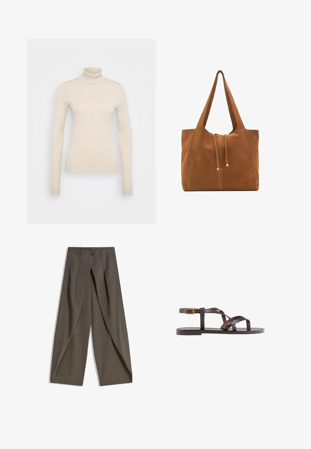 Vero Moda Tall VMHAPPINESS ROLLNECK - Svetr - oatmeal; Kalhoty s širokými nohavicemi vyrobené z texturované tkaniny tmavě šedé barvy. Obsahují přední záhyb, zapínání na knoflík a boční kapsy pro praktičnost.; Hnědé kožené sandály s kříženými pásky, uzavřením na přezku u kotníku a plochou podrážkou s minimem švů.; Hnědá semišová taška s dvěma dlouhými popruhy, stahovací šňůrkou a minimalistickým designem. Hladký povrch a žádné viditelné kovové akcenty.