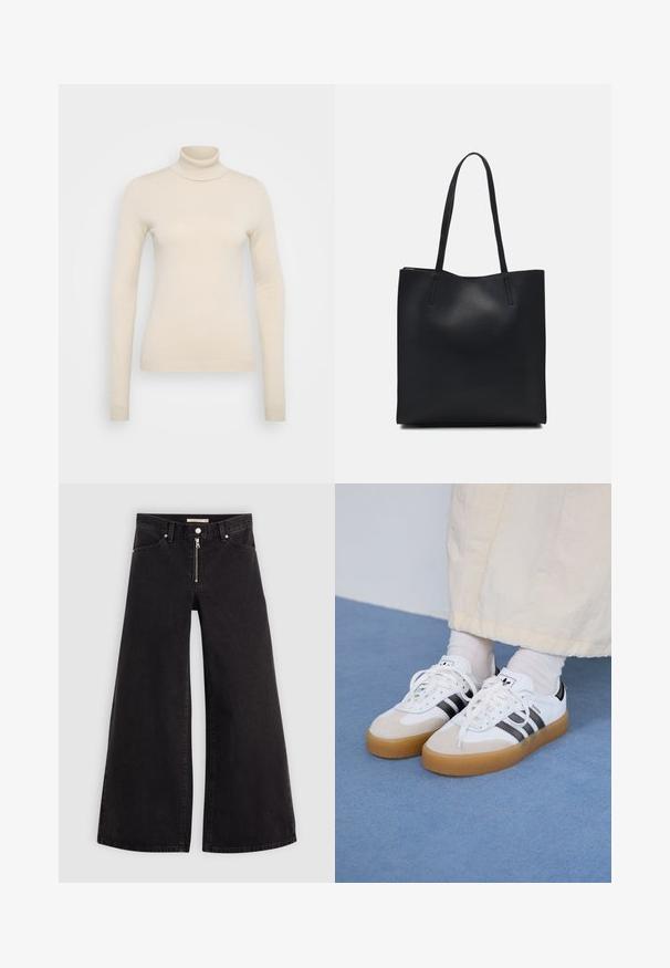 Vero Moda Tall VMHAPPINESS ROLLNECK - Džemperis - oatmeal; Plačios kojų džinsai iš juodo džinsinio audinio su užtrauktuku priekyje, penkių kišenių dizainu ir subtiliais siuvinėjimo akcentais. Lygus paviršius ir laisvalaikio stilius.; Baltos sportbačiai su noir juostomis ir šviesiai rudos zomšos akcentais. Yra tekstūruota gumos padas ir plokščiomis baltomis raištelėmis, dėvimi su šviesiai spalvotomis kojinėmis.; Juodas odinis tote krepšys su lygia tekstūra, stačiakampio formos ir dviem ilgais rankenomis. Matomų metalinių detalių ar puošybos nėra.