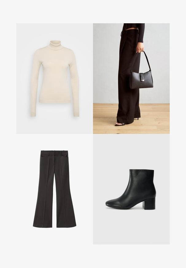 Vero Moda Tall VMHAPPINESS ROLLNECK - Svetr - oatmeal; Černé rozšířené kalhoty s vysokým pasem; mají dvě přední kapsy a hladkou texturu látky. Vhodné pro různé příležitosti.; Černé kožené kotníkové boty s špičatou špičkou a robustním podpatkem. Hladký povrch s minimálními akcenty a elegantním, přiléhavým designem.; Černá kabelka se strukturovaným tvarem, hladkým povrchem a kovovým uzávěrem. Kombinována s širokými černými kalhotami a sandály s otevřenou špičkou na dřevěné podlaze.