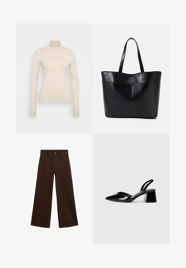 Vero Moda Tall VMHAPPINESS ROLLNECK - Neule - oatmeal; Ruskeat leveät housut puuvillasekoituksesta, joissa on revitty helma, etunappikiinnitys ja perinteinen viisi-taskuinen muotoilu. Minimalistiset ja monikäyttöiset.; Mustat patentoitu nahkakengät, joissa on säären takaosa ja terävä kärki, sekä geometrinen palikkakorko. Sisältää tyylikkään, minimalistisen muotoilun ja sileän pinnan.; Musta nahkainen kassi, jossa on kaksi pitkää kahvaa, sileä pinta ja jämäkkä muoto. Sisältää etutaskun lisävarastointia varten.