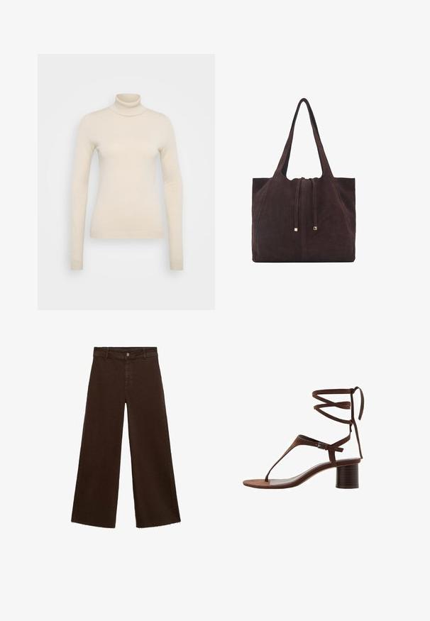 Vero Moda Tall VMHAPPINESS ROLLNECK - Pulover - oatmeal; Pantaloni largi maro dintr-un amestec de bumbac, cu un tiv desfăcut, închidere cu buton frontal și un design clasic cu cinci buzunare. Minimalist și versatil.; Sandale cu toc înalt din suede maro, cu o curea triangulară pentru degete, legături la glezne și un toc bloc texturat pentru stabilitate.; Mango Geantă de pânză - dark brown
