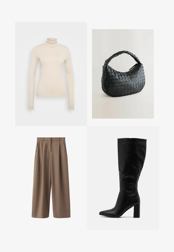 Vero Moda Tall VMHAPPINESS ROLLNECK - Pulover - oatmeal; Rjave široke hlače z gladko teksturo, zunanji pregibi in visokim pasom. Imajo krojen dizajn in stranske žepke.; RAID JORDANN - Škornji z visoko peto - black; Črna pletena torbica z zaobljeno obliko, teksturirano površino in debelim pletenim ročajem. Ima zadrgo za varno shranjevanje.; Zlati kovinski uhani z valovito zasnovo; gladka, odsevna površina; asimetrična oblika; brez vidnih vzorcev ali kovinskih delov.