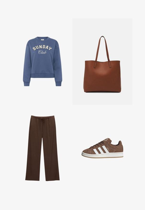 Sininen crewneck-huppari, jossa edessä valkoisilla tekstuurilla painettu "SUNDAY Club" ja pitkät ribbikujat.; Ruske leve široke hlače izdelane iz mehkega materiala, z elastičnim pasom in vrvico ter dvema stranskima žepoma.; Valkoiset nahkareunat ja ruskeat samettikankaiset tennarit, joissa on kumipohja, pyöreä kärki ja nauhakiinnitys edessä. Kengissä on logo kielekkeessä ja rei'itettyjä yksityiskohtia.; Ruskea nahkainen olkalaukku, jossa on sileä pinta, avoin yläosa ja kaksi olkahihnaa. Omaavat vain minimaalisen ompelun eikä näkyvää metalliosaa.