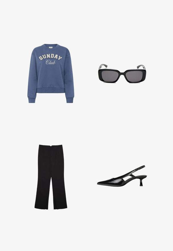 Modra pulover s krožnim izrezom in napisom "SUNDAY Club" natisnjenim spredaj v belih teksturiranih črkah ter dolgimi rebrastimi manšetami.; Črne hlače ravnega kroja z naglavnimi žepi in stranskimi razporki na robu. Narejene iz mehke, gladke tkanine. Primerne za različne priložnosti.; Črne patentični usnjeni salonarji s slingback designom, z zašiljenim nosom, izrezanim stranskim dizajnom in majhnim kvadratnim peto. Gladka tekstura z minimalnimi detajli.; Črne pravokotne sončne očala z temnimi lečami, gladkim plastičnim okvirjem in ukrivljenimi nogicami. Oblika je robustna in minimalistična.