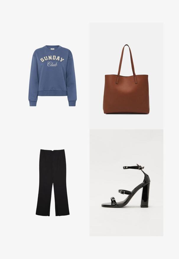 Modra pulover s krožnim izrezom in napisom "SUNDAY Club" natisnjenim spredaj v belih teksturiranih črkah ter dolgimi rebrastimi manšetami.; Črne hlače ravnega kroja z naglavnimi žepi in stranskimi razporki na robu. Narejene iz mehke, gladke tkanine. Primerne za različne priložnosti.; Črne lakaste sandale z visokimi petami, z dvema trakovoma z zaponkama, kvadratnim sprednjim delom in masivno širšo peto, z gladko, sijočo teksturo.; Rjava usnjena torba z gladko teksturo, odprto zasnovo zgoraj in dvema naramnima trakovoma. Opremljena je z minimalnim šivanjem in brez vidnih kovinskih delov.