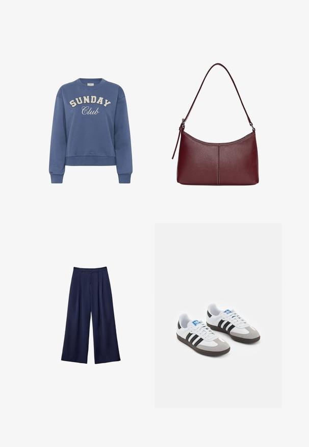 Felpa blu con colletto a girocollo, con la scritta "SUNDAY Club" stampata sulla parte anteriore in lettere bianche testurizzate e maniche lunghe con polsini a costine.; Pantaloni a gamba larga blu navy con pieghe, vita con bottoni e passanti per cintura, mostrati distesi su uno sfondo bianco.; Scarpe sportive con tomaia in pelle bianca, punta in suede grigia e tre strisce nere. Presentano un logo blu sulla linguetta e una suola in gomma testurizzata.; Borsa a tracolla in pelle bordeaux con forma curvata, una sola tracolla e dettagli cuciti al centro. Texture liscia, hardware minimale.