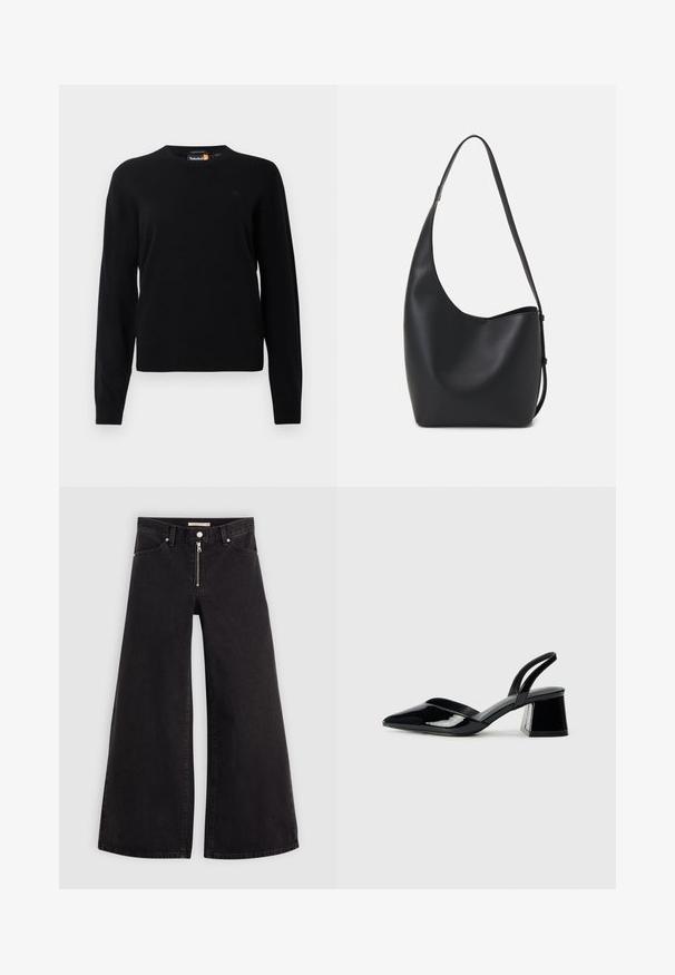 Μαύρος πλεκτός σπ sweater με στρογγυλή λαιμόκοψη, μακριά μανίκια και μικρό λογότυπο στο στήθος. Μαλακή υφή και κλασική γραμμή.; Πλάι-πλάι τζιν σε μαύρη denim με φερμουάρ μπροστά, σχέδιο με πέντε τσέπες και διακριτές ραφές. Λείος υφασμάτινος χαρακτήρας και χαλαρός στυλ.; Μαύρα πατεντέ δερμάτινα γοβάκια slingback με μυτερή μύτη και γεωμετρικό τακούνι. Έχουν κομψό, μινιμαλιστικό σχέδιο και λεία υφή.; Μαύρη δερμάτινη tote τσάντα με λείο υφή, καμπύλο σχήμα και μία ρυθμιζόμενη ζώνη. Διαθέτει μεγάλη άνοιγμα στην κορυφή.