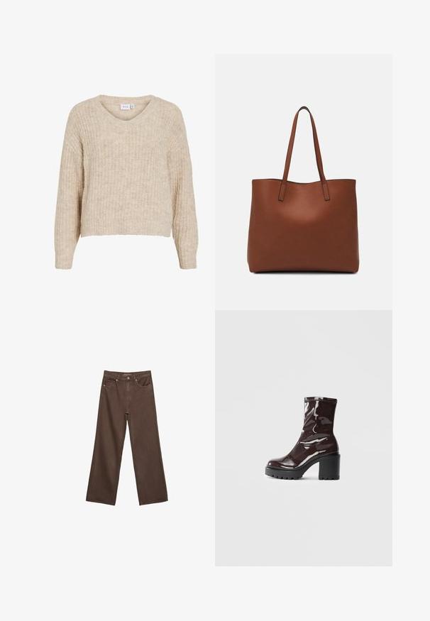 Bež pulover iz pletenin z V-izrezom in dolgimi rokavi. Ima teksturiran vzorec in skrajšan kroj. Izdelan iz mehke, tople tkanine.; Široke rjave kavbojke iz denima, ki imajo visok pas, sprednje žepe in klasično zapiranje na gumb. Gladka tekstura s subtilnim šivom.; Sijajan škrlatank z bleščečim videzom, z masivnim črnim peto, ki se ponaša z gladko teksturo in preprostim dizajnom. Brez vidnih zapenjal ali vzorcev.; Rjava usnjena torba z gladko teksturo, odprto zasnovo zgoraj in dvema naramnima trakovoma. Opremljena je z minimalnim šivanjem in brez vidnih kovinskih delov.
