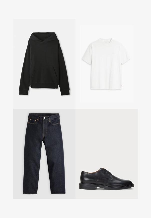 Black sweatshirt with a hood, featuring a front kangaroo pocket. Made of soft fabric with ribbed cuffs and hem, offering a relaxed fit.; White cotton t-shirt with short sleeves, crew neck, and subtle Levi's logo printed in the center. Soft texture and standard fit.; Dark blue denim jeans with a straight cut, five pockets, contrasting orange stitching, and a button fly. No visible patterns or embellishments.; Black leather dress shoe with a round toe, lace-up design, and a low stacked heel. Smooth texture with minimal stitching details.