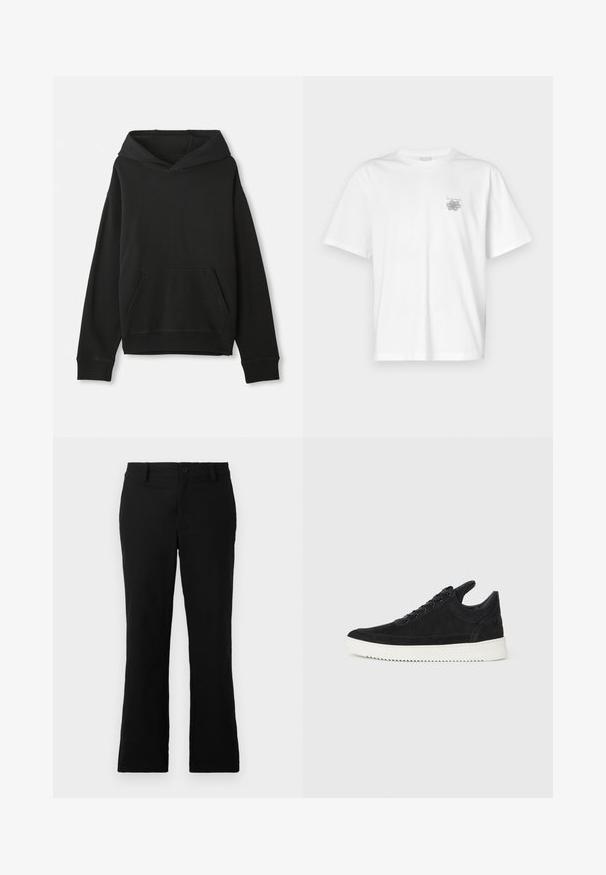 Black sweatshirt with a hood, featuring a front kangaroo pocket. Made of soft fabric with ribbed cuffs and hem, offering a relaxed fit.; White t-shirt made of cotton featuring short sleeves, a crew neck, and a small gray logo on the left chest area. Smooth texture.; Black flared trousers made of cotton blend fabric, featuring a button closure, belt loops, and a smooth texture with no visible patterns.; Black suede sneaker with a white rubber sole, featuring tonal stitching and lace-up design. Smooth texture with a modern, streamlined shape.