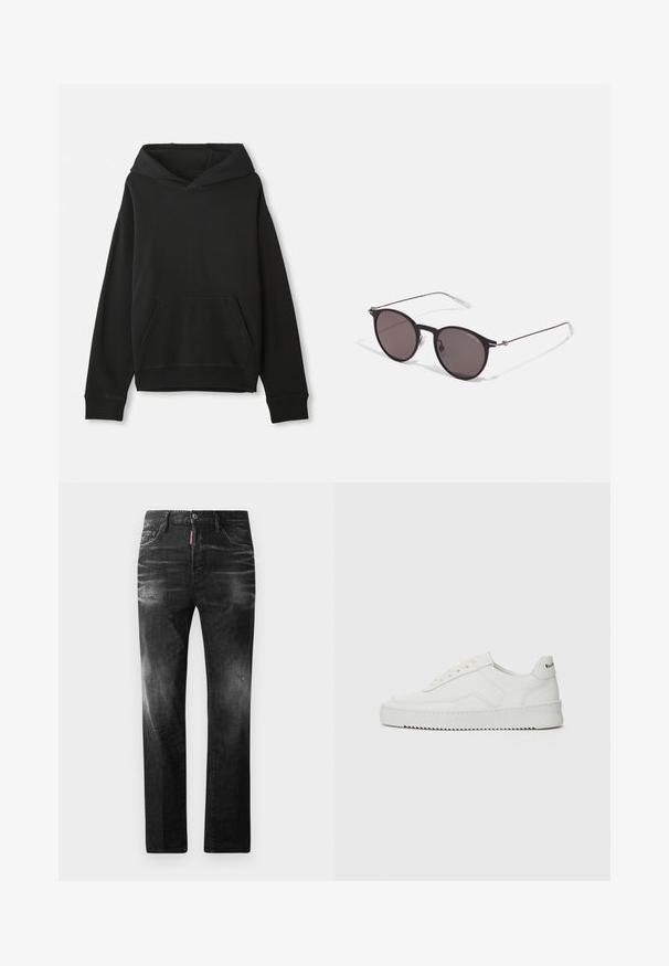 Svart sweatshirt med huva, med en framsidan känguruficka. Tillverkad av mjukt tyg med ribbade ärmslut och nederkant, vilket ger en avslappnad passform.; Svart bomull T-shirt med rund halsringning, korta ärmar och "EMPORIO ARMANI" logotyp i vitt ovanför "Milano" i en rundad design.; Svarta denimjeans med rak passform. Har blekta områden, mindre slitningar, klassisk femficksdesign och knäppning med knapp.; Vita lädersneakers med en jämn yta, rund tå, platta snörningar och en strukturerad sula. Har en diskret logotyp på hälen.; Svarta runda solglasögon med mörka linser och smala metallarmar. Inkluderar klara tempeltips och silverdetaljer vid gångjärnet. Minimalistisk design.