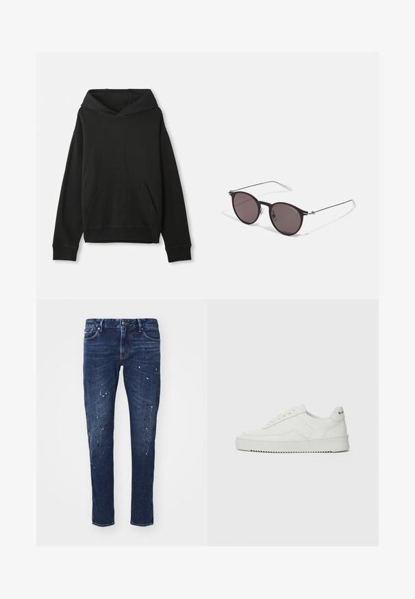 Musthave hoodiga must sweatshirt, millel on ees tasku-känguru. Valmistatud pehmest kangast, millel on soonikkoes mansetid ja alläär, pakkudes mugavat lõiget.; Tumed sinised teksad kitsas lõikega, millel on värvivired, nähtavad õmblused ja tavaline viie tasku disain. Sirge sääre lõige.; Valge nahast tennis, millel on sile põhi, ümar varvas, lamedad nöörid ja tekstuuriline tall. Sisaldab diskreetset logo kontsaribal.; Mustad mustad prillid tumedate läätsedega ja õhukeste metallist käepidemetega. Kaarja kujuga seljaosa ja hõbedased aktsendid hingel. Minimalistlik disain.