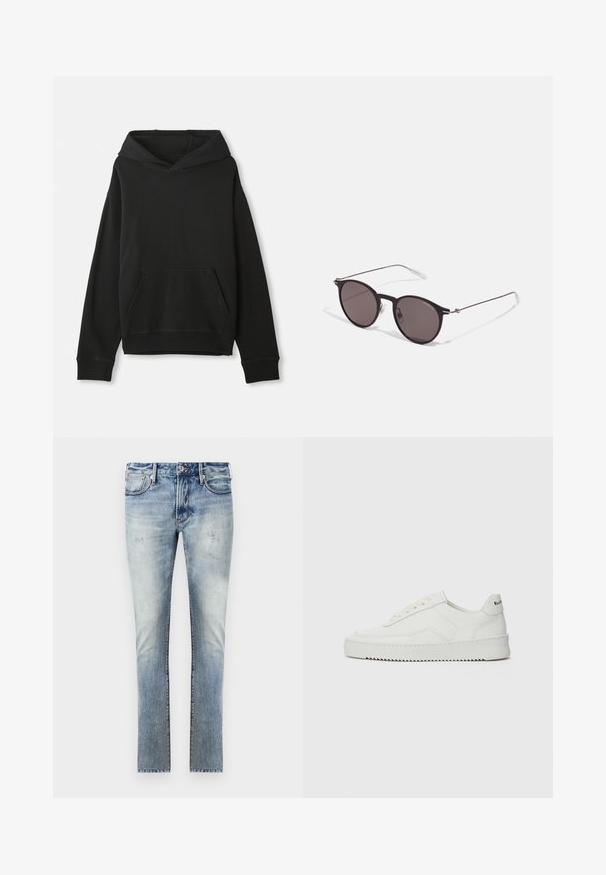 Svart sweatshirt med huva, med en framsidan känguruficka. Tillverkad av mjukt tyg med ribbade ärmslut och nederkant, vilket ger en avslappnad passform.; Ljust blå denimjeans med en bleknad finish, slim fit-design, fem fickor och kontrasterande sömmar.; Vita lädersneakers med en jämn yta, rund tå, platta snörningar och en strukturerad sula. Har en diskret logotyp på hälen.; Svarta runda solglasögon med mörka linser och smala metallarmar. Inkluderar klara tempeltips och silverdetaljer vid gångjärnet. Minimalistisk design.