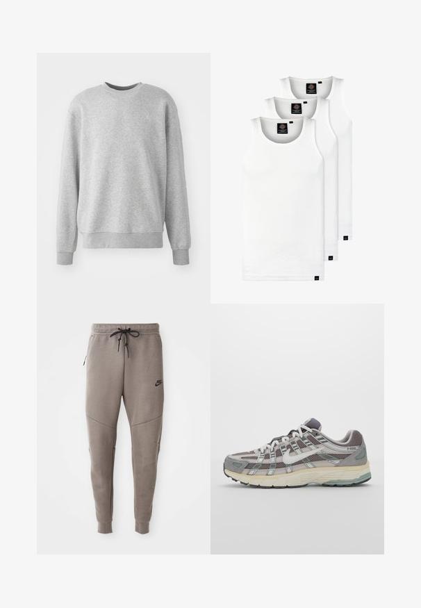 Sivá mikina vyrobená z mäkkého materiálu, má okrúhly výstrih, rebrované manžety a lemovanie, s decentným logom na prednej strane.; Tri biele rebrované tielka vyrobené z bavlny. Majú okrúhly výstrih a malé čierne štítky pri leme. Dostupné v rôznych veľkostiach.; Sivé tepláky Nike s nastaviteľným pásom, zúženými nohavicami, bočnými vreckami a výrazným švom. Mäkká, textúrovaná látka.; Šedá športová obuv so zvrškom z nylonu a semišu, bielymi akcentmi, polstrovanou podrážkou a jedinečným dizajnom s reflexnými prvkami.