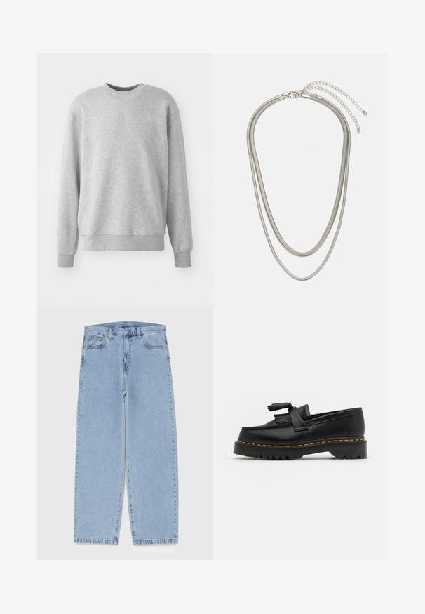 Gray sweatshirt made of soft fabric, features a crewneck, ribbed cuffs, and hem, with a subtle logo accent on the front.; Light blue denim jeans with straight leg design, featuring a mid-rise waist, five pockets, and a button and zipper closure.; Black leather loafer with a tasseled accent, featuring a chunky black sole and yellow stitching along the edge. Textured finish.; Three-layered silver metal necklace featuring sleek, flexible chains with a slight sheen, secured with a lobster clasp and adjustable chain.