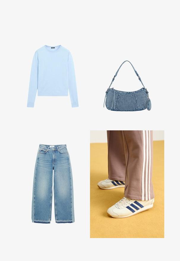 Lichtblauwe, trui met lange mouwen gemaakt van zachte gebreide stof; ronde halslijn; geribbelde manchetten en zoom; eenvoudige constructie zonder patronen of sierbeslag.; Lichtblauwe wijde denim jeans met een hoge taille, knoopsluiting, voorzakken en een onafgewerkte zoom.; Creatieve sneakers met blauwe suède strepen, witte veters en een rubberen zool. Gecombineerd met grijze trainingsbroeken met witte zijkanten.; Denim handtas met een gebogen vorm, lichtblauwe kleur, verstelbare schouderriem en een kleine afneembare pouch met metallic accenten.