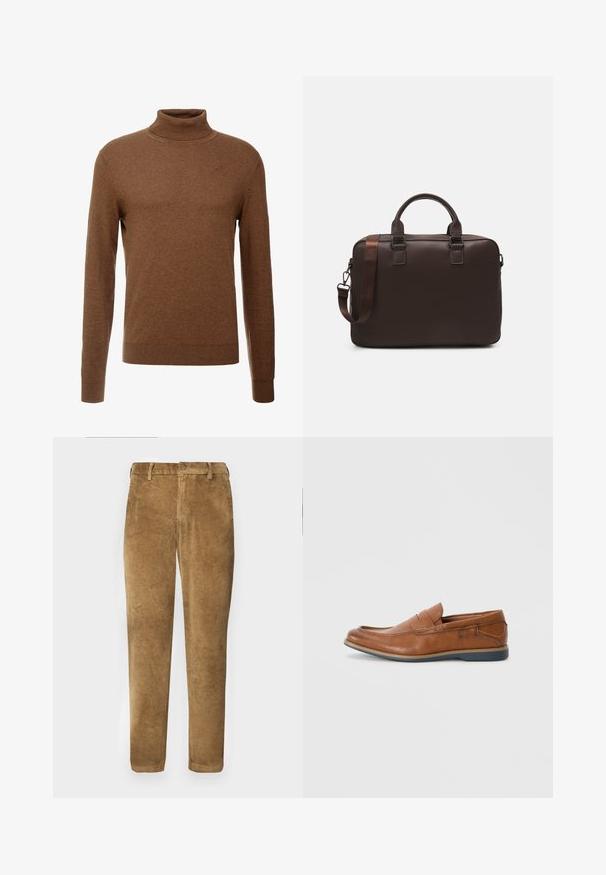 Brauner Rollkragenpullover aus weichem Stoff, mit langen Ärmeln, gerippten Bündchen und tailliertem Schnitt ohne sichtbare Muster.; Braune Cordhosen mit vertikal gerippter Textur, geradem Schnitt, Knopfverschluss und Gürtelschlaufen. Glattes Gewebe mit weicher Oberfläche.; Braune Lederloafers mit runder Spitze, gesteppten Akzenten und einer niedrigen Gummisohle. Das Design verfügt über ein Band über dem oberen Teil.; Braune Leder-Laptoptasche mit strukturierter Oberfläche, doppelten Obergriffen, verstellbarem Gurt und zwei vorderen Schnallen für zusätzlichen Detailreichtum.