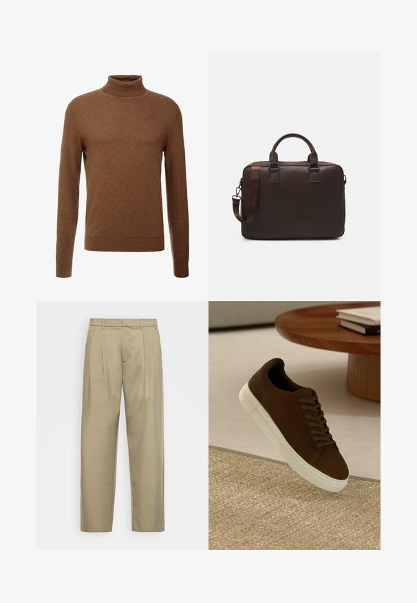 Brown turtleneck sweater made of soft fabric, featuring long sleeves, ribbed cuffs, and a fitted design with no visible patterns.; Beige, high-waisted trousers with a straight cut, featuring a flat front, side pockets, and a smooth, textured fabric.; Brown suede sneaker with flat laces and a white rubber sole, featuring a rounded toe and minimal design, set against a textured surface.; Brown leather laptop bag with a textured surface, dual top handles, adjustable strap, and two front buckles for added detail.
