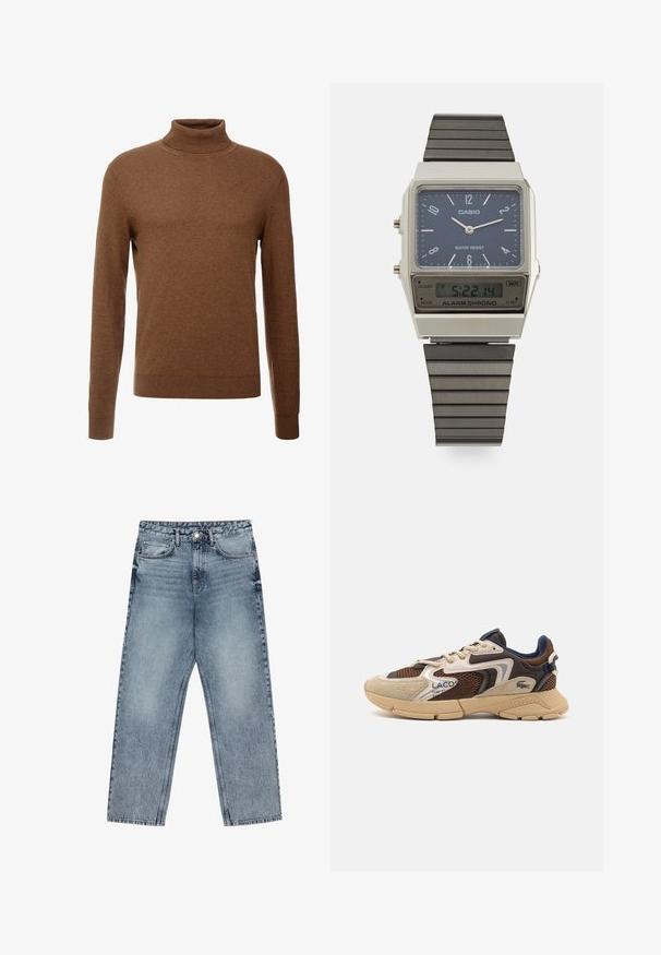 Smeđi pulover s visokim ovratom izrađen od mekog materijala, sa dugim rukavima, rebrastim manžetama i uskim krojem bez vidljivih uzoraka.; Svijetloplave traperice ravnog kroja, vidljivo šivanje, dizajn s pet džepova i kopčanje na gumbu u struku.; Bež i smeđi tenisice s teksturiranim mrežastim panelima, velur akcentima i gumenim potplatom. Imaju čipkastu konstrukciju i oznake branda.; Casio digitalni sat s plavim brojčanikom, srebrnim kućištem i slojevitim crnim gumenim remenom. Prikazuje vrijeme i postavke alarma. Vodootporan.