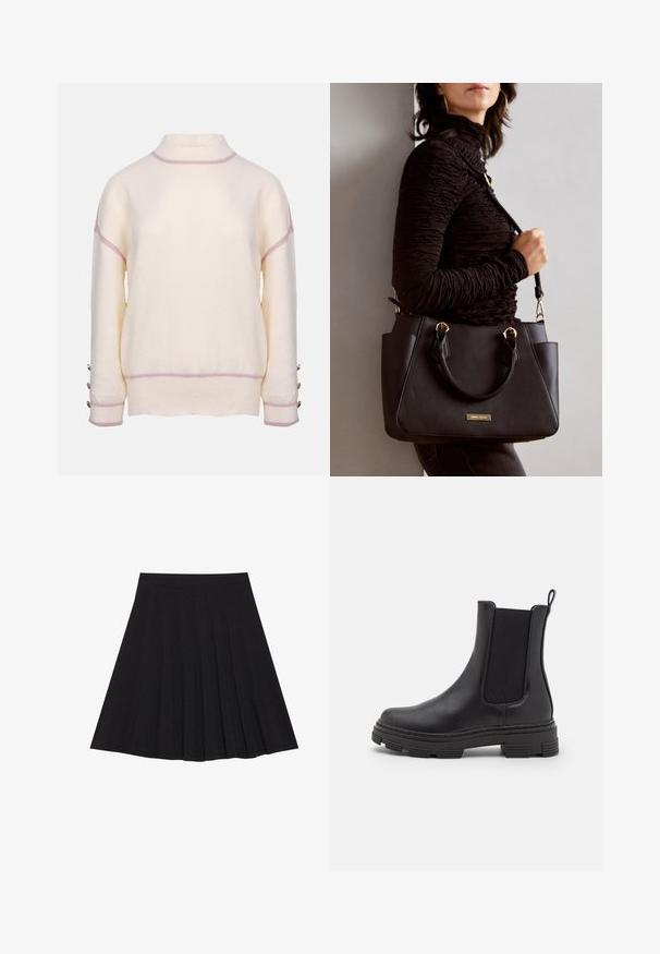 Sweter w kolorze kremowym, wykonany z miękkiego materiału, z wysokim dekoltem, różowymi akcentami na szwach oraz dekoracyjnymi guzikami na rękawach.; Czarna plisowana spódnica z teksturowanej tkaniny z dopasowanym paskiem. Sięga do kolan, wyróżniając się gładką, czystą sylwetką.; Czarny skórzany botek za kostkę z elastycznymi panelami bocznymi, okrągłym czubkiem i teksturowaną gumową podeszwą. Posiada pętelkę z tyłu ułatwiającą zakładanie.; Czarna torebka z teksturowanej powierzchni, podwójnymi uchwytami na górze i regulowanym paskiem na ramię. Posiada złote okucia i boczne kieszenie.