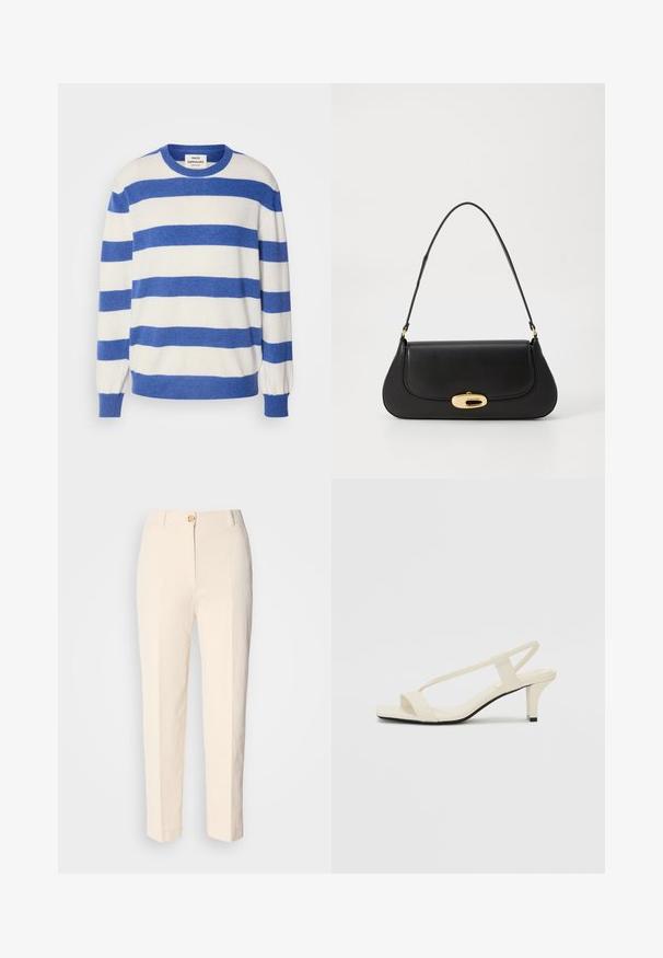 Mads Nørgaard STRIPE KASEY SWEATER - Pulover - amparo blue winter white; Pantaloni crem, cu talie înaltă, dintr-un material texturat. Au închidere cu nasture în față și picioare conice.; Sandale bej cu toc bloc, cu bretele subțiri și vârf pătrat. Material neted cu detalii minime, concepute pentru a fi ușor de purtat.; Geantă de mână din piele neagră, cu un design curbat, accesorii de culoare aurie și un mâner de sus. Dispune de o închidere elegantă și o textură netedă.